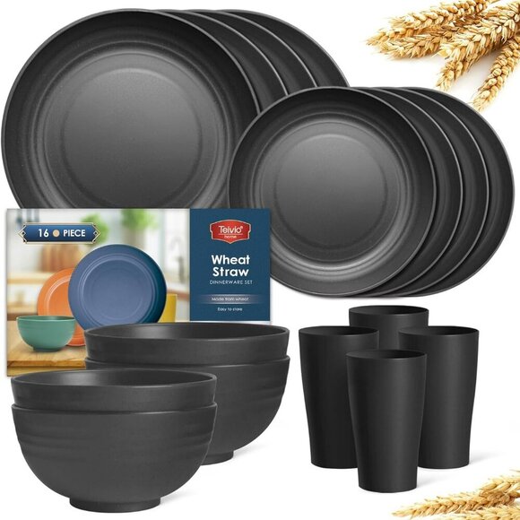 Other - 16-Piece Kitchen Plastic Wheat Straw Dinnerware Set, Service for 4, Dinner Plate